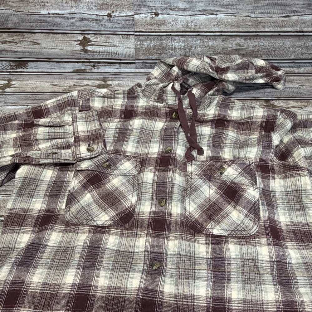 Carhartt Womens Hooded Flannel Shirt Burgundy Cream Plaid Size M 8/10